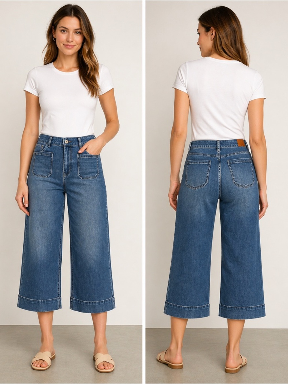High-Rise Cropped Wide-Leg Jeans in Medium Blue